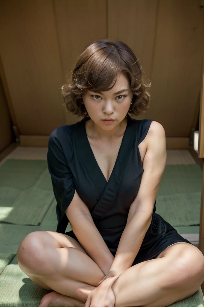 (masterpiece, best quality:1.2), solo, 1girl, tatsumaki, unamused, closed mouth, looking at viewer, hand on own face, sitting, crossed legs,black short kimono