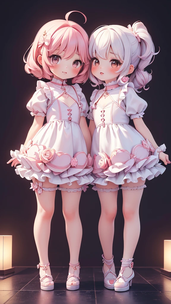 (((kiss))), ((petite bishojo, little 2girls)), ((cute face)), ((cute puffy eyes)), ((masterpiece)), ((best quality)), ((ultra detailed)), ((exquisite)), ((depth)), ((crisp)), ((8k)), ((beautiful and aesthetic)), (super detailed skin), ((high standard)), ((highres)), ((perfect anatomy)), (full body), (blush), (rouge), (wuv, cutesy gyal)