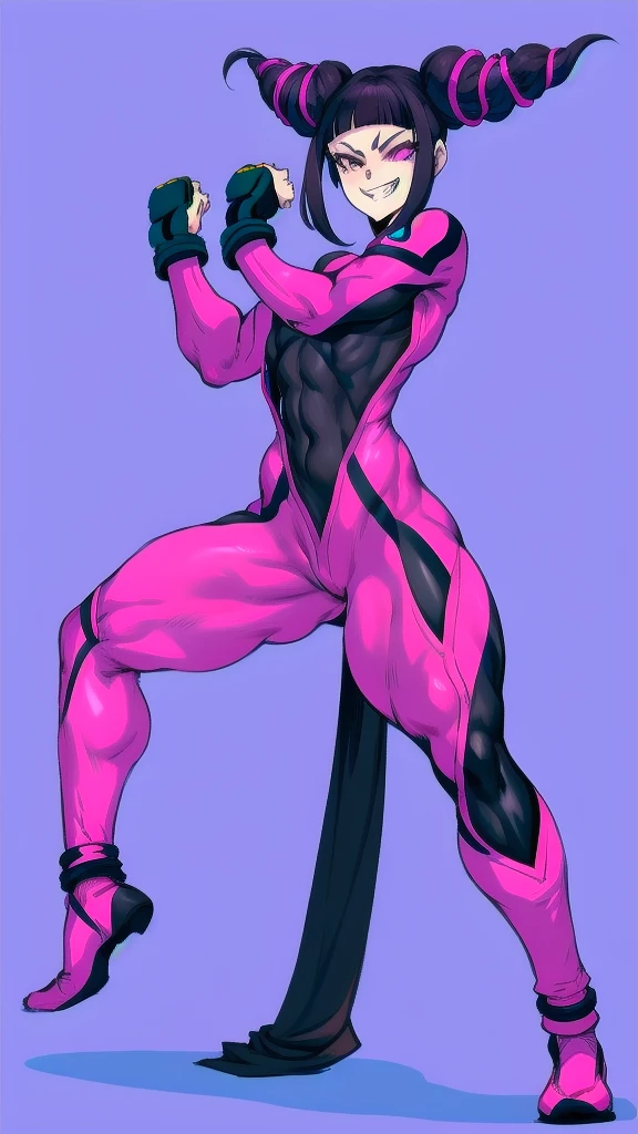 Full body image of Juri Han from Street Fighter 6, wearing her original outfit (purple and black bodysuit with pink accents), short black hair styled in twin buns, female body, athletic and flexible body, dynamic pose showing her martial arts stance, detailed pose, simple background, expressive face showing a mischievous grin, focus on face, line art, sketch