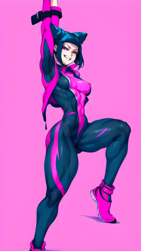 Full body image of Juri Han from Street Fighter 6, wearing her original outfit (purple and black bodysuit with pink accents), short black hair styled in twin buns, female body, athletic and flexible body, dynamic pose showing her martial arts stance, detailed pose, simple background, expressive face showing a mischievous grin, focus on face, line art, sketch