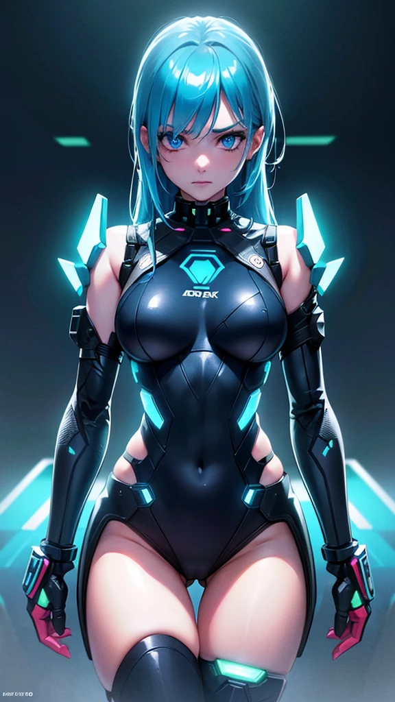 a cyborg girl with sky blue eyes, blue hair color, neon lights, bokeh, (best quality,4k,8k,highres,masterpiece:1.2),ultra-detailed,(realistic,photorealistic,photo-realistic:1.37),vibrant colors,cinematic lighting,highly detailed facial features,intricate mechanical details,futuristic cyberpunk style,dynamic pose,dramatic lighting,intricate machinery,glowing neon accents,advanced technology,ethereal atmosphere