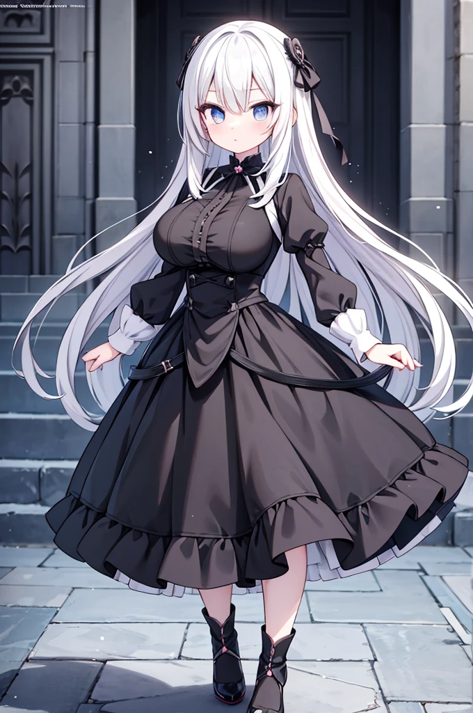 Anime-style image of a woman with white hair and black clothing, Cute 3D anime girl render, Cute anime waifu in a nice dress, Anime VTuber Full Body Model, Anime girl in a black dress, Highly detailed characters, Official character art,Mystery Hunter,Big Tits,ghost