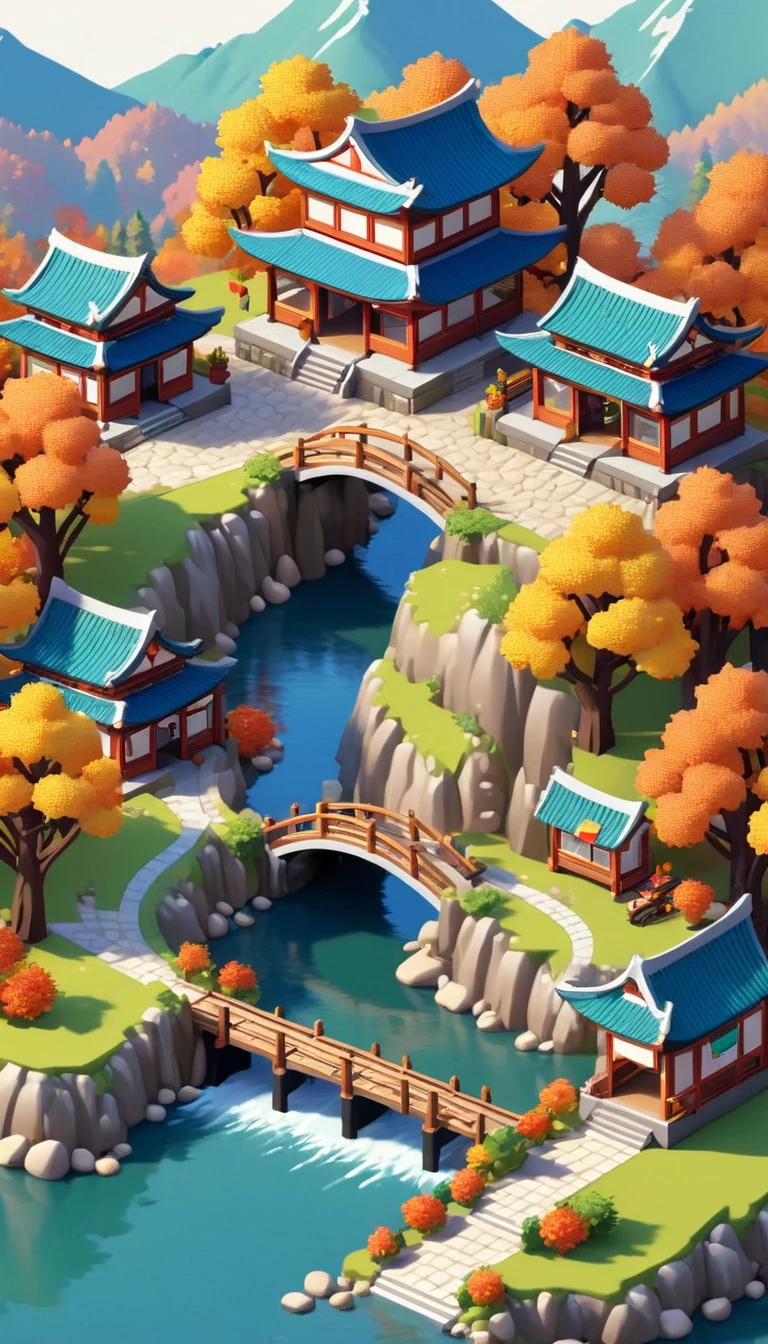 Dreamlike scenery，(Mountains、Fall:1.6)，Around the mountain road，Convenience store，Ancient bridge，pavilion，river，small village，Isometric Art, 3D Isometric, Isometric pixel art，Simple background，MG_ip
