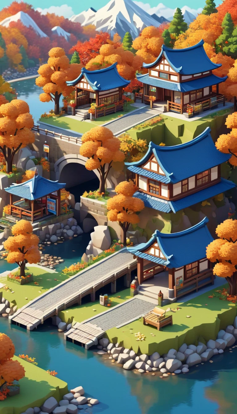 Dreamlike scenery,(Mountains、Fall:1.6),Around the mountain road,Convenience store,Ancient bridge,pavilion,river,small village,Isometric Art, 3D Isometric, Isometric pixel art,Simple background,MG_ip
