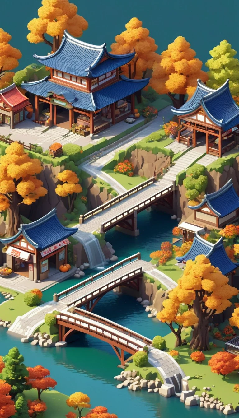 Dreamlike scenery，(Mountains、Fall:1.6)，Around the mountain road，Convenience store，Ancient bridge，pavilion，river，small village，Isometric Art, 3D Isometric, Isometric pixel art，Simple background，MG_ip
