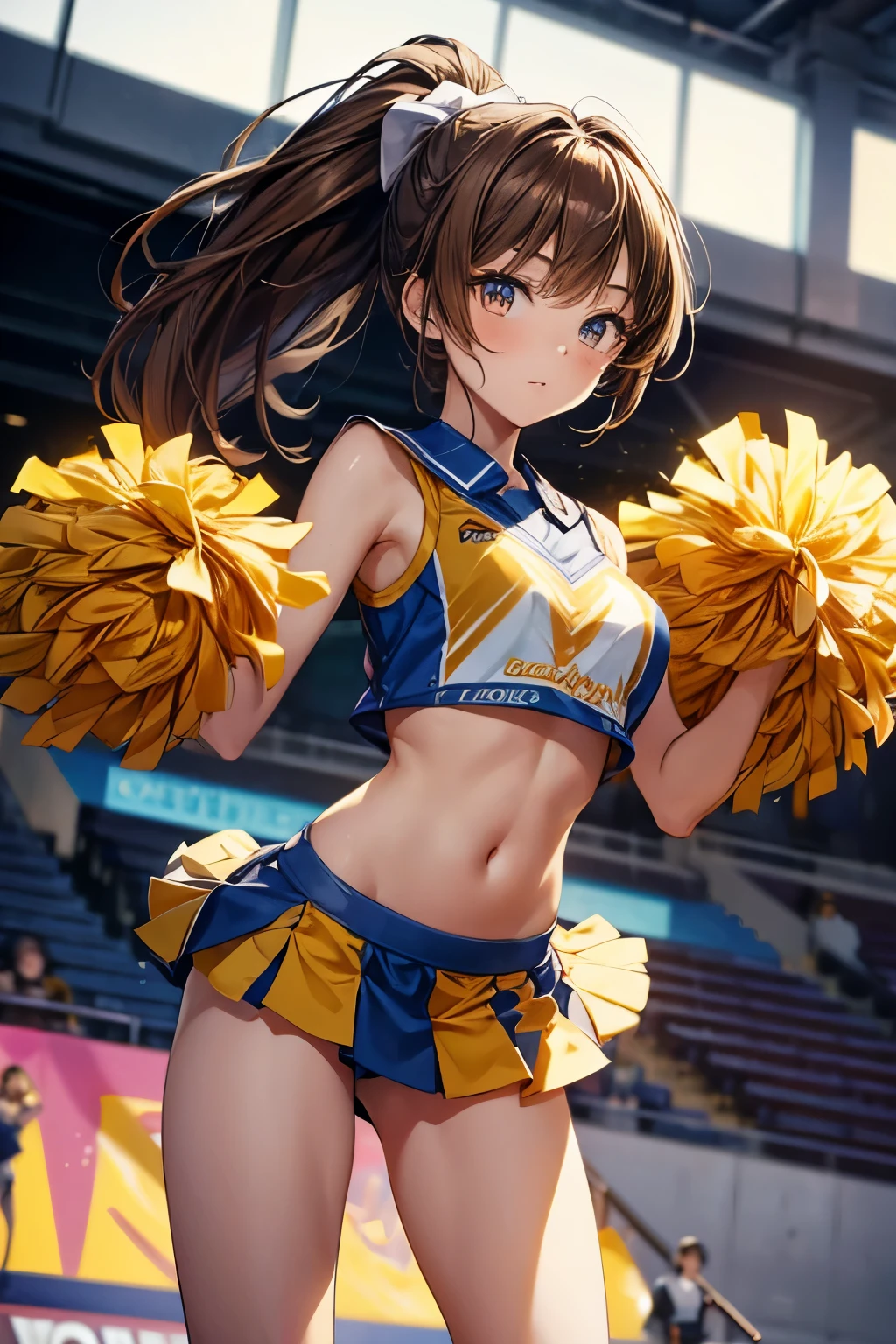 masterpiece,Highest quality,Very detailed,Dancing cheerleader beautiful girl, teenager,Brown hair ponytail,Beautiful and detailed eyes,skinny, full body,Dynamic