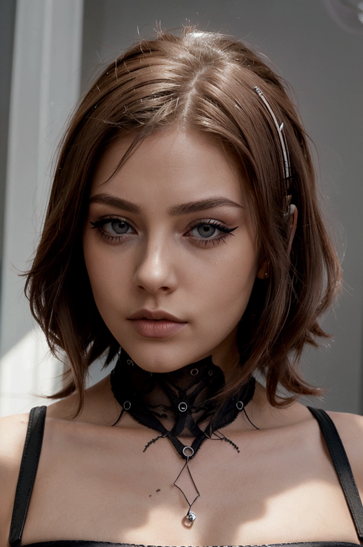 beautiful russian girl, anime long haircut, sharp facial shapes, gray eyes, goth makeup, hyperdetailed photography, soft light, cover, ((Best quality, 8k, Masterpiece :1.3)), Sharp focus :1.2, Highly detailed face and skin texture, Detailed eyes, Double eyelid