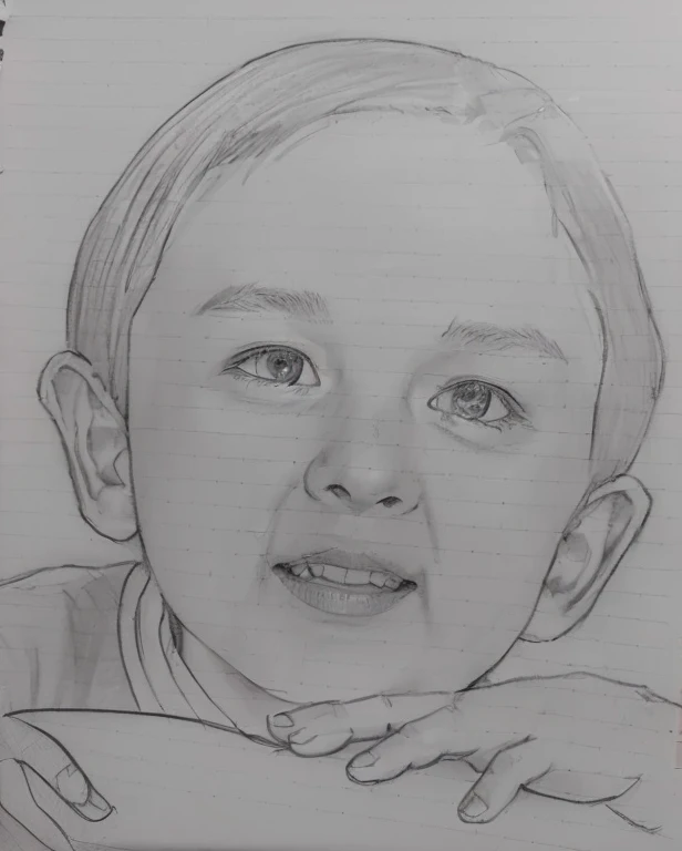 A picture of a boy smiling with his hand on his chest, a Pencil sketch, Realism drawing, Pencil sketch, Realistic sketch, Close-up portrait, Pencil drawing, Realistic portraits, Professional sketching, cute portrait, hyperRealistic sketch, pencil on paper, Detailed portrait, Traditional portrait, loose Pencil sketch, Professional portrait, Art sketch, Realistic Graphite, very Detailed portrait