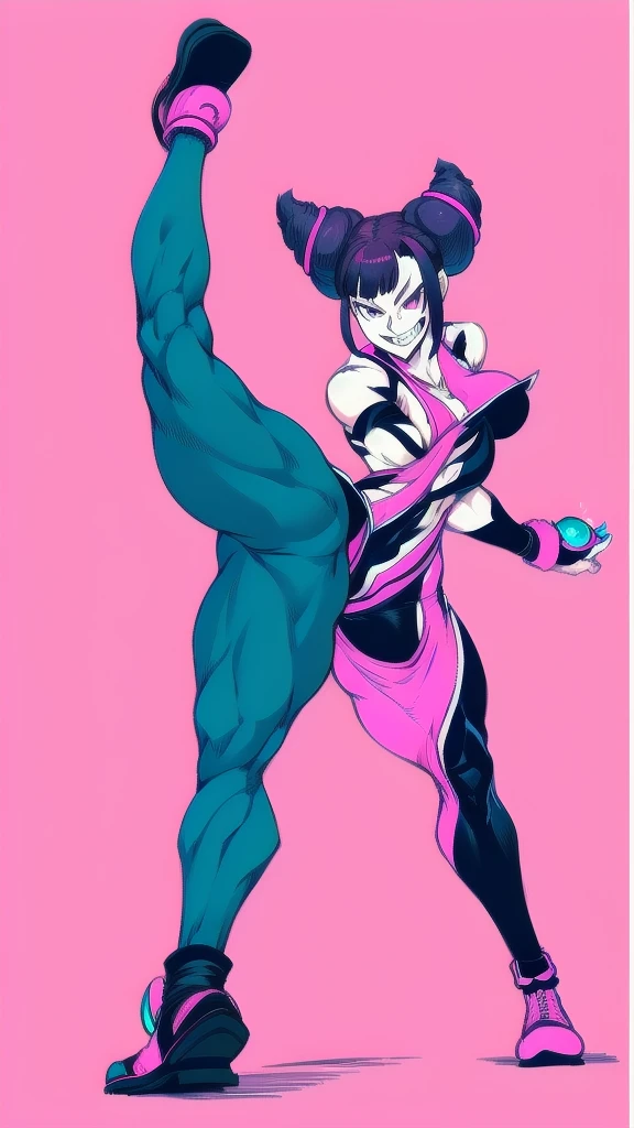 Full body image of Juri Han from Street Fighter 6, wearing her original outfit (purple and black bodysuit with pink accents), short black hair styled in twin buns, female body, athletic and flexible body, dynamic pose showing her martial arts stance, detailed pose, simple background, expressive face showing a mischievous grin, focus on face, line art, sketch