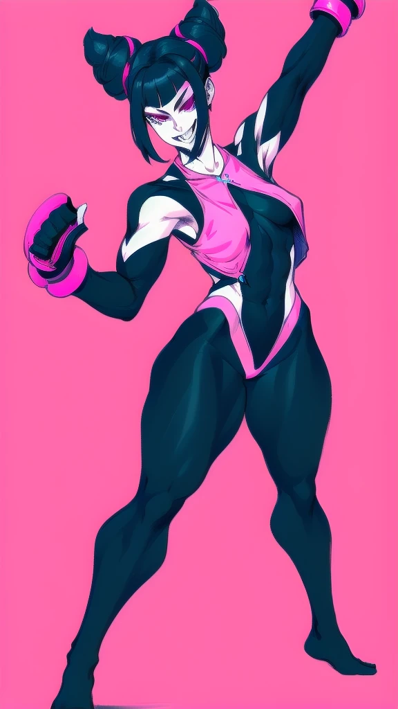 Full body image of Juri Han from Street Fighter 6, wearing her original outfit (purple and black bodysuit with pink accents), short black hair styled in twin buns, female body, athletic and flexible body, dynamic pose showing her martial arts stance, detailed pose, simple background, expressive face showing a mischievous grin, focus on face, line art, sketch