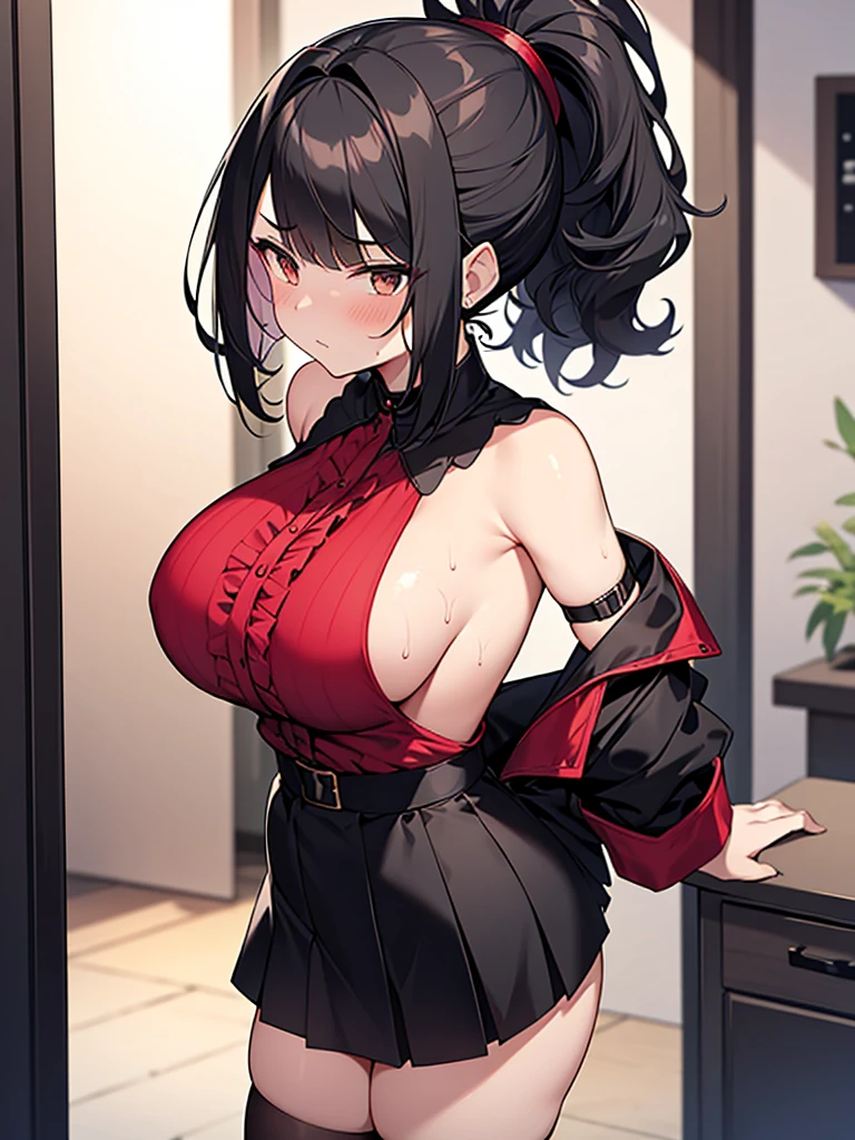 NSFW Standing pose Anime drawing with vivid colors Tall woman:1.9 Black and red frilly idol-style sexy cosplay costume miniskirt, beautiful back, fluttering multiple frill skirt, dancing, troubled face, glaring, wrinkles on the brow, sweat, flushed cheeks, night:1.3 Apartment bedroom, white sheets, short black hair, ponytail:1.9 Straight hair, bangs swept to the side:1.9. Slanted eyes, brown eyes, tall, big breasts, strong-willed, beautiful