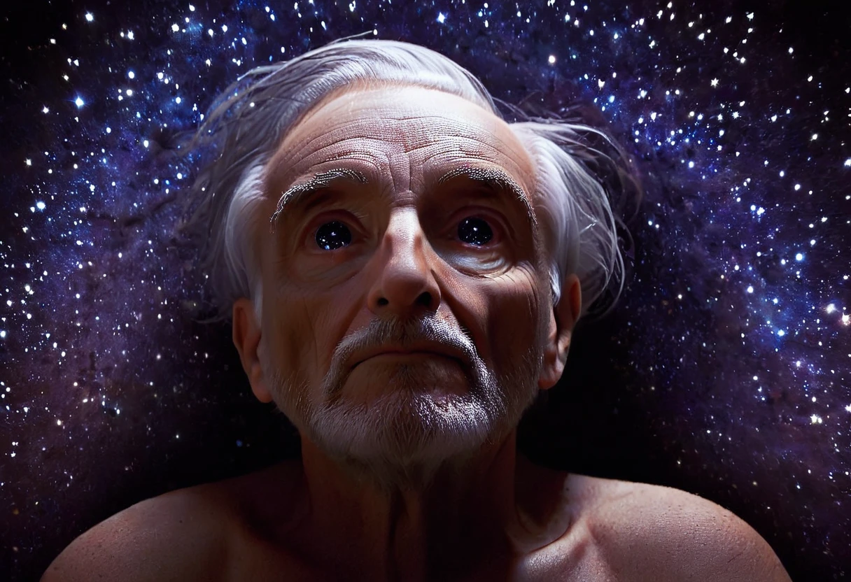 a weathered old man, introspective gaze,looking up at the night sky,stars,galaxy,cosmos,detailed facial features,expressive eyes,wrinkled skin,wispy gray hair,atmospheric lighting,chiaroscuro,cinematic composition,muted color palette,moody and contemplative