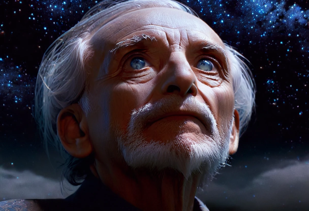 a weathered old man, introspective gaze,looking up at the night sky,stars,galaxy,cosmos,detailed facial features,expressive eyes,wrinkled skin,wispy gray hair,atmospheric lighting,chiaroscuro,cinematic composition,muted color palette,moody and contemplative