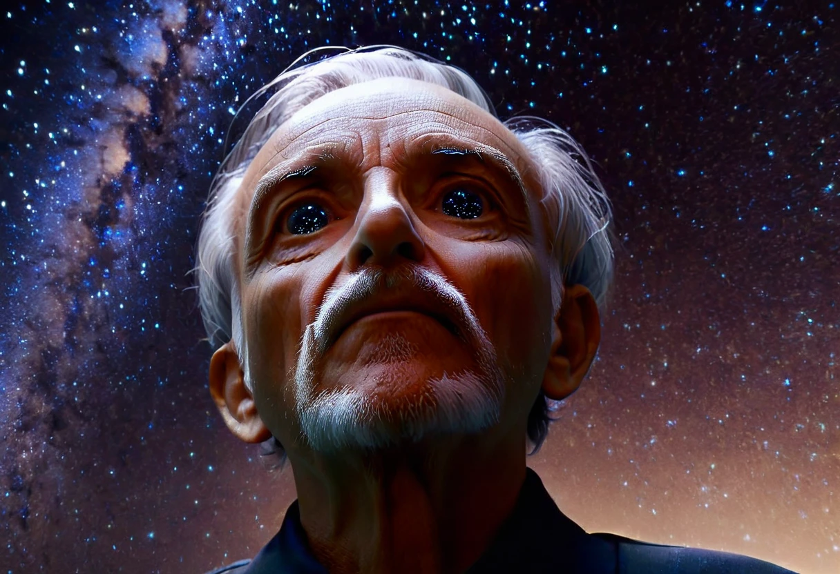 a weathered old man, introspective gaze,looking up at the night sky,stars,galaxy,cosmos,detailed facial features,expressive eyes,wrinkled skin,wispy gray hair,atmospheric lighting,chiaroscuro,cinematic composition,muted color palette,moody and contemplative