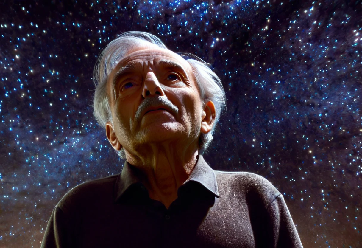 a weathered old man, introspective gaze,looking up at the night sky,stars,galaxy,cosmos,detailed facial features,expressive eyes,wrinkled skin,wispy gray hair,atmospheric lighting,chiaroscuro,cinematic composition,muted color palette,moody and contemplative