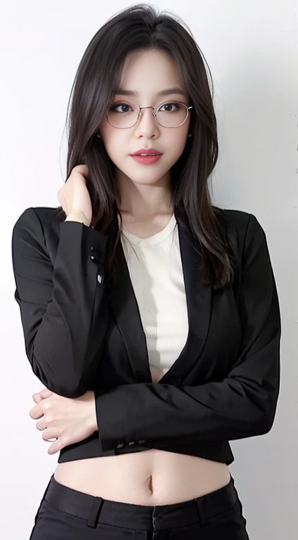 (best quality, masterpiece:1.2), white background, realistic, crew neck, closed-neckline, pants, (business jacket:1.2), (brown hair:1.2), big eyes, beautiful woman, smile, eyelashes, highly detailed face, fierce look, angry look, (long sleeved shirt: 1.2), looks like a naughty celebrity but is a good girl