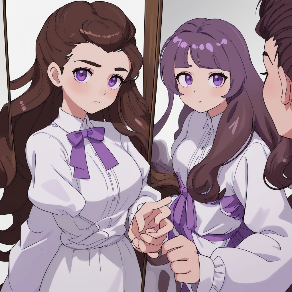 Female in her 20s, long brown hair, wavy hair, large light purple ribbon on top of head, pompadour bangs, white skin tone, holding mirror in left hand, right hand on cheek, wearing white blouse, close-up of face, straight face