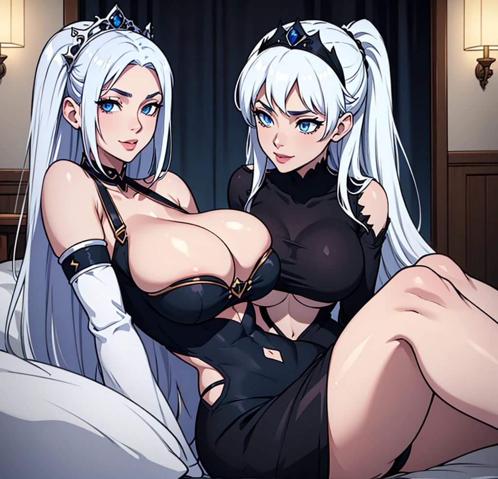 solo, (masterpiece), (beautify), (alone), ( adult), ((white hair)), medium hair, tiara, (blue eyes), smile, black clothes, bare midriff, bare stomach, black dress, cleft of venus, (huge breasts), underboob, detached sleeves, blue aura