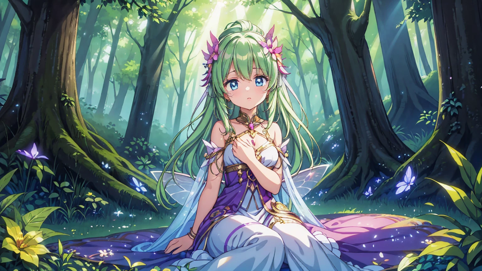 A young fairy girl in a beautiful, mystical forest. She has delicate wings that sparkle with light, and her hair is long and flowing. She wears a dress made of flower petals and leaves, and her expression is curious and joyful. The forest around her is lush with vibrant green foliage, tall ancient trees, and colorful flowers. Soft, magical light filters through the trees, casting a dreamy glow on the scene. The fairy girl is surrounded by a gentle aura of light, enhancing the enchanting atmosphere.