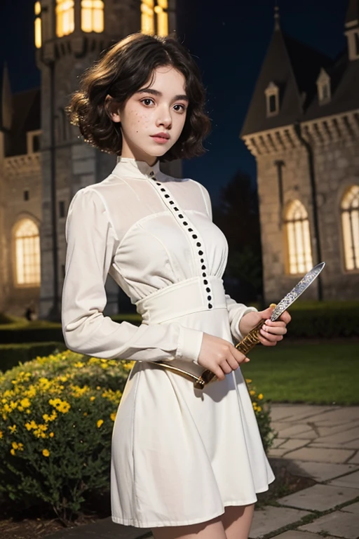 , Lovely, very long hair, White color, completely curly, slim, flat bust, with punches on the face, yellow victorian dress, whole body, in the castle garden, at night, holding a sword in his hand.