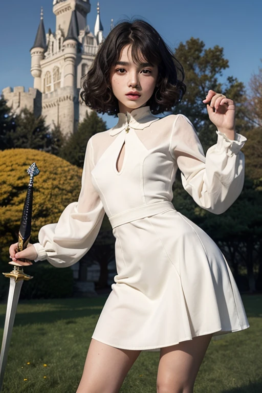 , Lovely, very long hair, White color, completely curly, slim, flat bust, with punches on the face, yellow victorian dress, whole body, in the castle garden, at night, holding a sword in his hand.