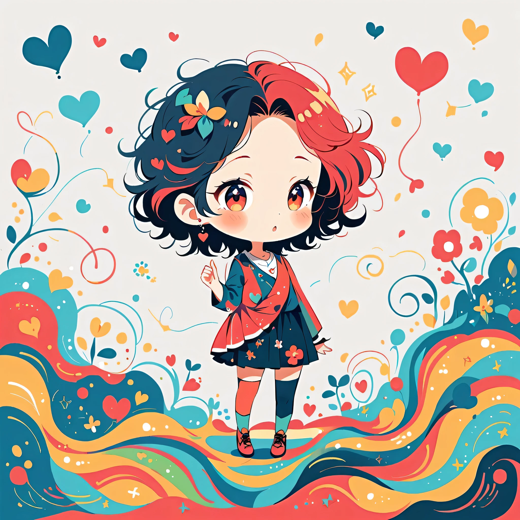 Black Star Red and White style, Simple Line Initialism,Abstract art,Urban Background, colorful hearts ,(((The most beautiful girl of all time))), (((chibi))),