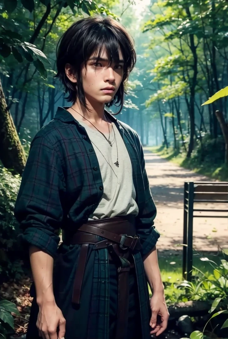 a boy brown hair holding a sword near a fire,Green and black plaid shirt, realistic photo ,cinematic