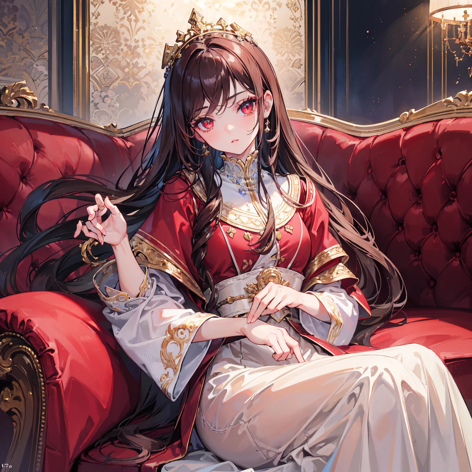 Create an image of a young royal girl with red eyes and long brown hair. She was in a room sittin on a sofa and facing front. She is stoic and emotionless. She is very confident and elegant