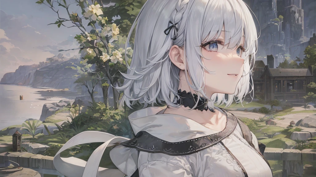 とてもShort Hair, Long bangs between the eyes, Very detailed,(masterpiece、Highest quality)、alone、Gray Hair、Fantasy, Silver Hair, Fantasyな風景、smile、Open your mouth、short hair、Short Hair、hairpin、black eye、Grey Eyes、Beautiful Eyes、Black Shirt、White hoodie