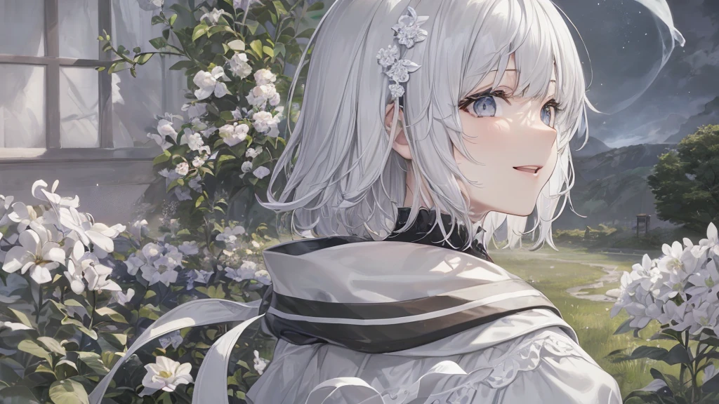 とてもShort Hair, Long bangs between the eyes, Very detailed,(masterpiece、Highest quality)、alone、Gray Hair、Fantasy, Silver Hair, Fantasyな風景、smile、Open your mouth、short hair、Short Hair、hairpin、black eye、Grey Eyes、Beautiful Eyes、Black Shirt、White hoodie