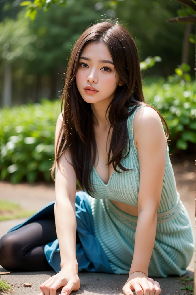 Best quality, masterpiece, ultra high res, (photorealistic), raw photo,1girl, skinny, upper body,solo, realistic, looking at viewer, long hair, bokeh background, forest streets, bohemian dress,  sandal, full body