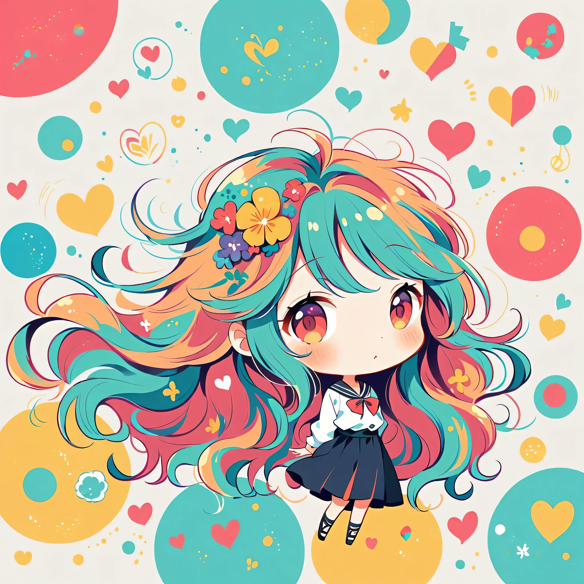 Black Star Red and White style, Simple Line Initialism,Abstract art,Urban Background, colorful hearts ,(((The most beautiful girl of all time))), (((chibi))),