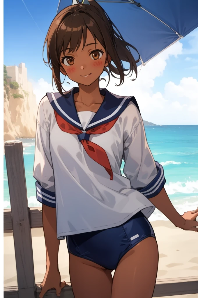 ((masterpiece)),(Highest quality),Official Art,Highly detailed CG,unity 8k wallpaper,Super detailed,Lighthouse on top of a cliff by the sea,One girl,一人in,Cowboy Shot,brown_hair,Dark Skin,Sunburn,School_Swimwear,brown_eye,smile,one piece_Swimwear,Swimwear_Down_Clothes,Sailor_collar,short_hair,Looking_in_Audience,blush,School_uniform,short_ponytail,