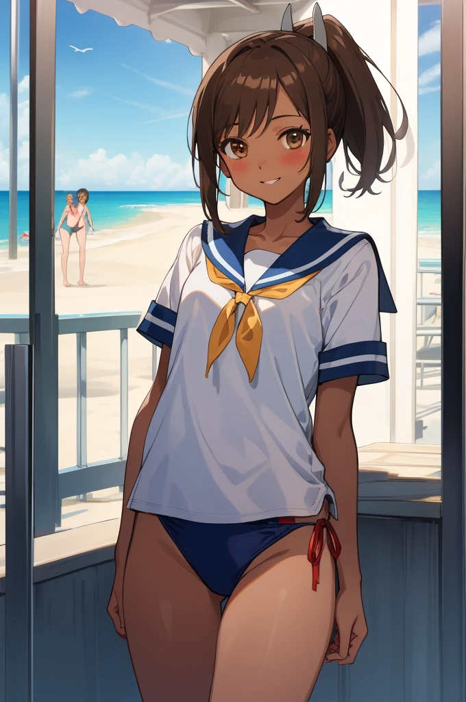 ((masterpiece)),(Highest quality),Official Art,Highly detailed CG,unity 8k wallpaper,Super detailed,Lighthouse on top of a cliff by the sea,One girl,一人in,Cowboy Shot,brown_hair,Dark Skin,Sunburn,School_Swimwear,brown_eye,smile,one piece_Swimwear,Swimwear_Down_Clothes,Sailor_collar,short_hair,Looking_in_Audience,blush,School_uniform,short_ponytail,