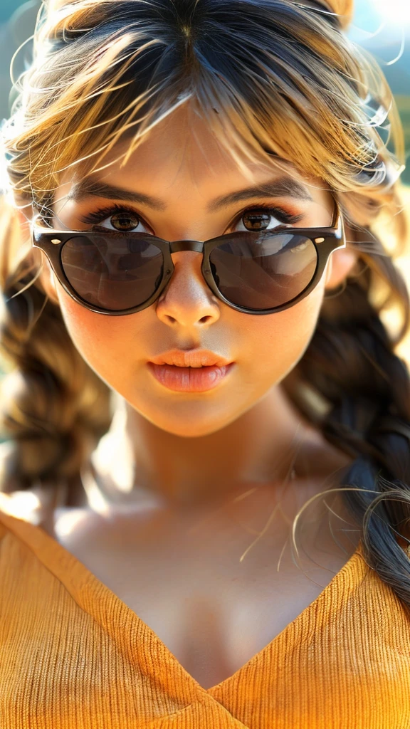 a close up of a woman wearing sunglasses and a yellow top, sexy girl,big breast ,round face,angelawhite, 3 0 years old woman, hot with shining sun, 30 years old woman, attractive girl, seductive lady, 2 , beautiful young himalayan woman, stunning woman, with sunglasses, 2 7 years old himalayan woman, gorgeous woman, 2 9 years old