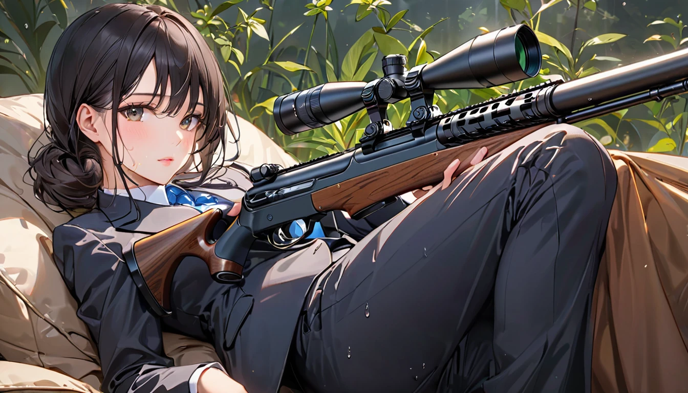 Young beautiful woman,(Highest quality,Extremely detailed depiction,Incredibly absurd high resolution,Anatomically accurate depiction,SFW),(Detailed skin,Sweat),Sniper,In a suit,He's sitting and aiming his sniper rifle,Dragunov,Sinister Smile,background:Rooftop,From the side:1.3