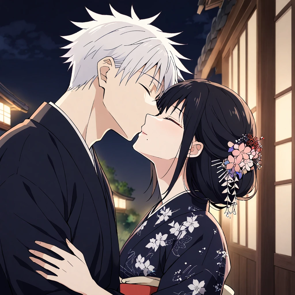 1girl, 1boy, flower, japanese_clothes, hair_ornament, hair_flower, hetero, long_hair, kimono, mole_under_mouth, closed_eyes, black_kimono, couple, kiss, black_hair, white_hair, mole, night, gojou_satoru, spiked_hair, upper_body, short_hair, yukata, from_side