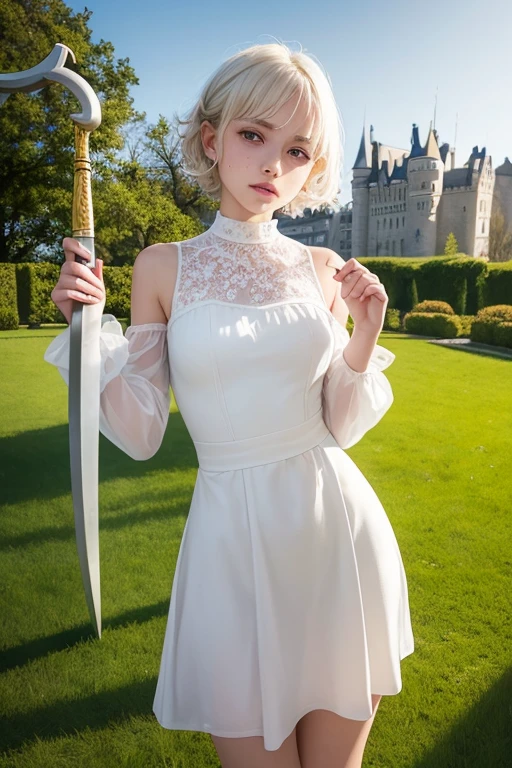 , Lovely, very long hair, White color, completely curly, slim, flat bust, with punches on the face, yellow victorian dress, whole body, in the castle garden, at night, holding a sword in his hand.