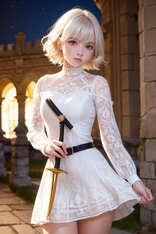 , Lovely, very long hair, White color, completely curly, slim, flat bust, with punches on the face, yellow victorian dress, whole body, in the castle garden, at night, holding a sword in his hand.