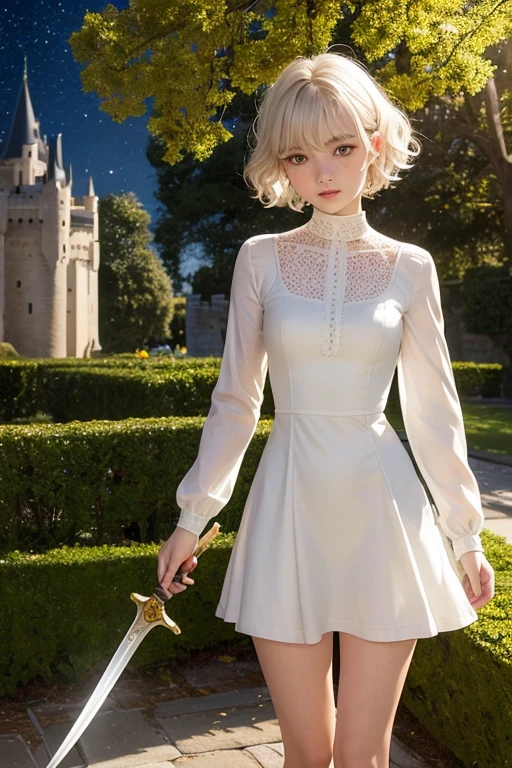 , Lovely, very long hair, White color, completely curly, slim, flat bust, with punches on the face, yellow victorian dress, whole body, in the castle garden, at night, holding a sword in his hand.