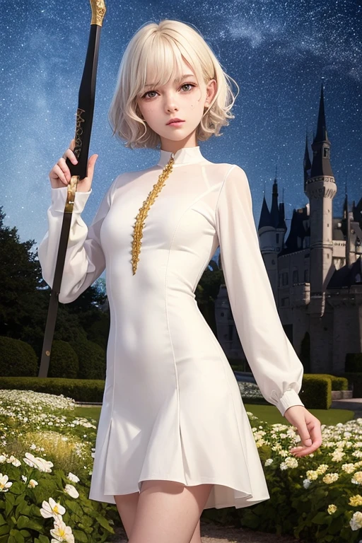 , Lovely, very long hair, White color, completely curly, slim, flat bust, with punches on the face, yellow victorian dress, whole body, in the castle garden, at night, holding a sword in his hand.