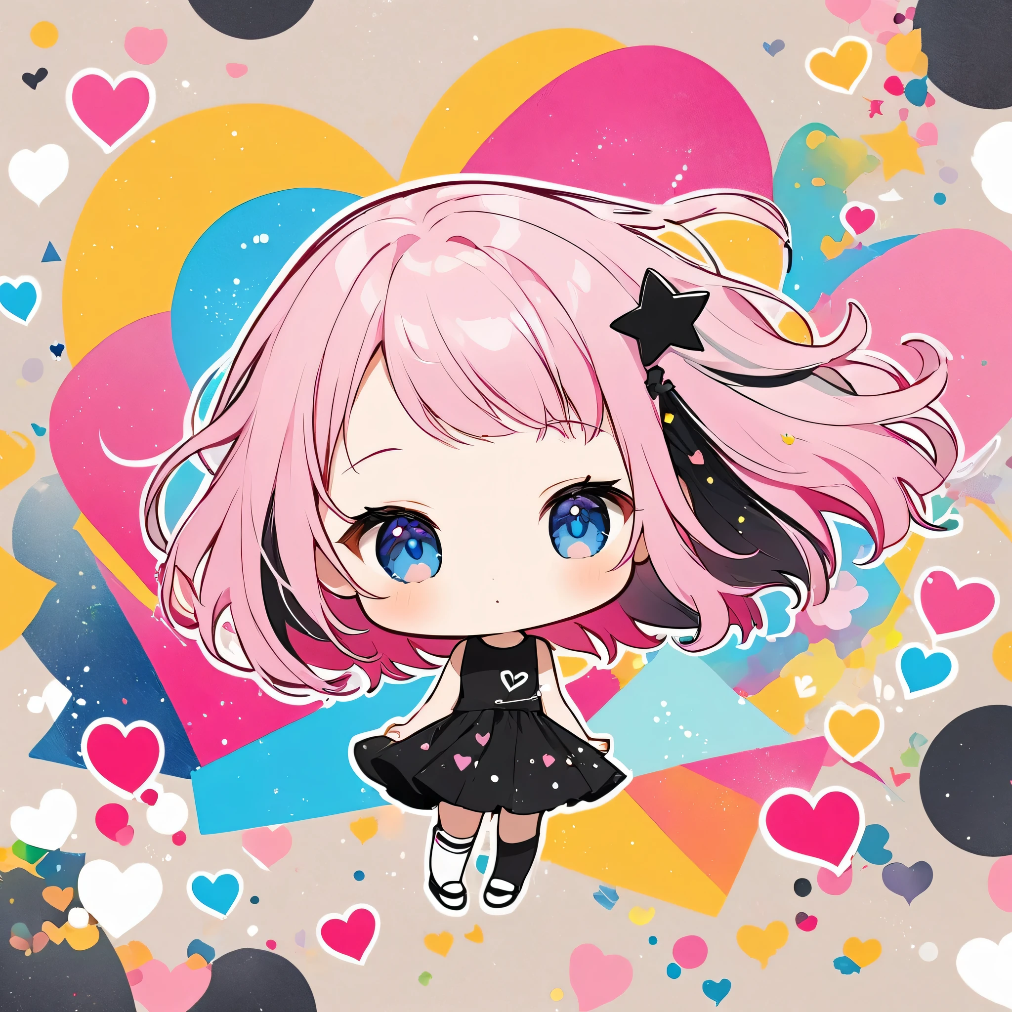 Black Star Pink and White style, Simple Line Initialism,Abstract art,Urban Background, colorful hearts ,(((The most beautiful girl of all time))), (((chibi))),
