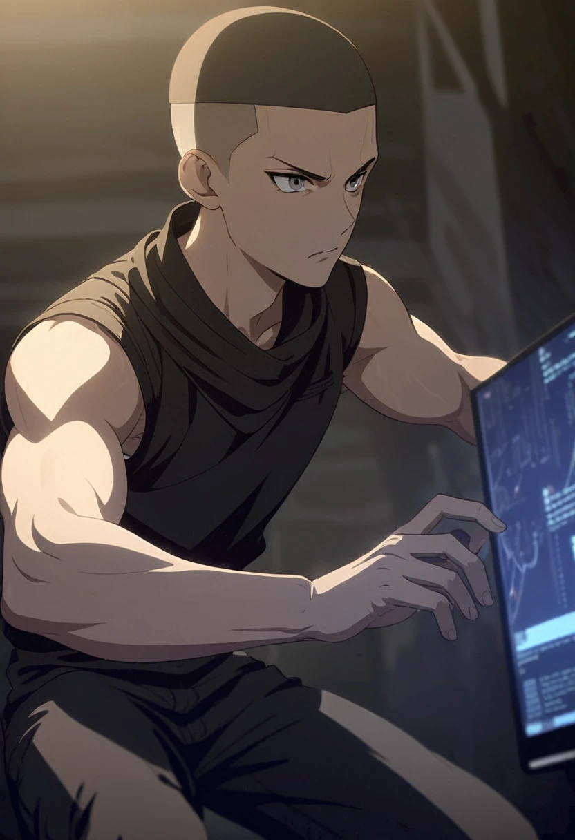 ((Work of art, extremely detailed, looking at screen, dark lighting)), 1 man, 20 years old, buzzcut hair, wearing a black bandana, serious look, in a fighting pose, extremely strong body, wearing a black sleeveless jacket open, wide black pants, black backdrop.