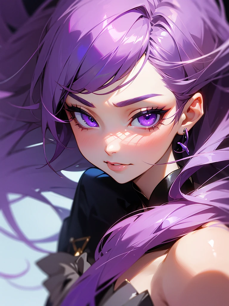 (32k) 16k, 8k, 4k, super fine face, small mouth, lip biting makeup, effeminate, purple hair, purple eyes, high resolution, perfect. Portrait.