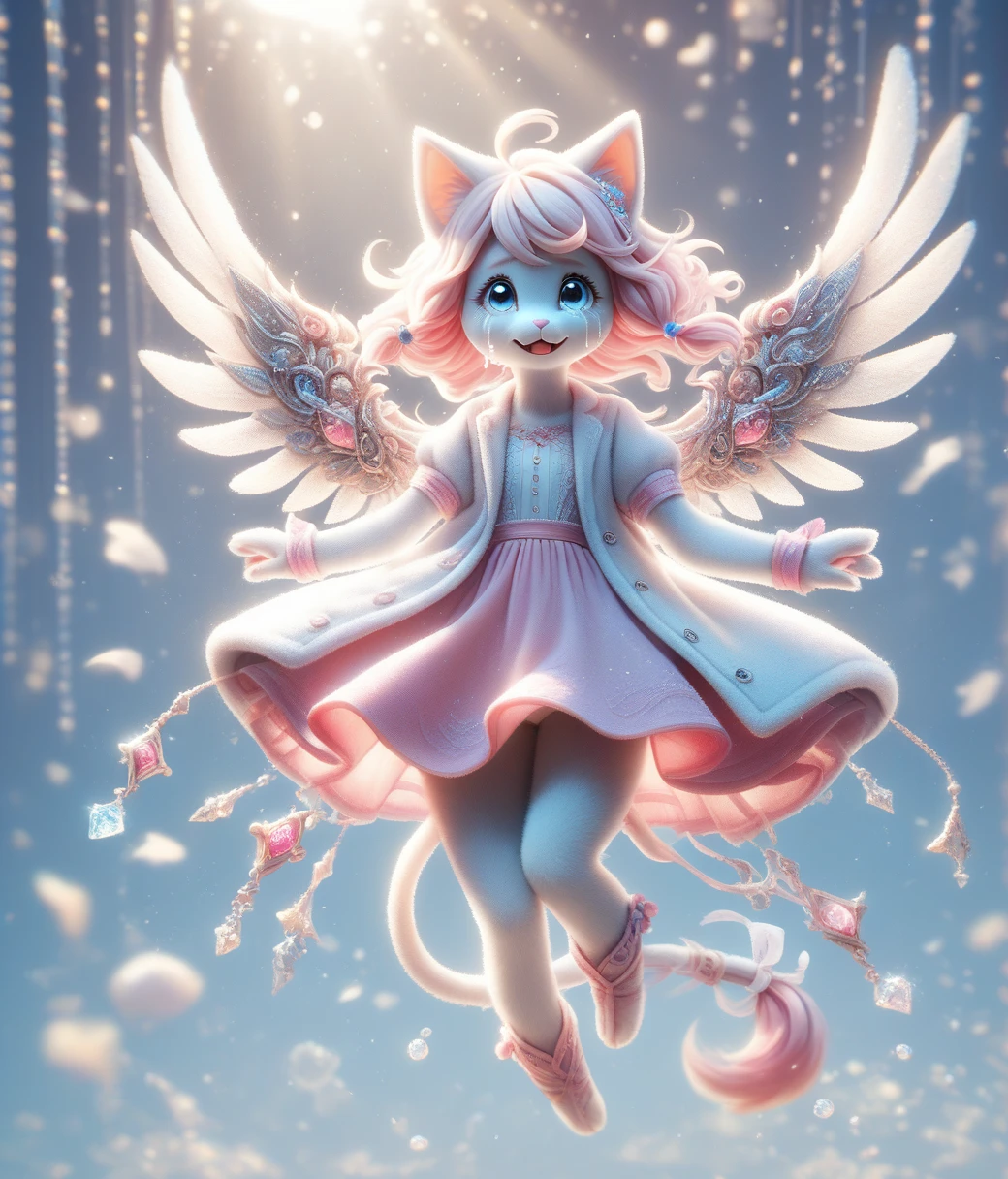 (Female anthropomorphic cat ), whole body, Crying with big tears flying, 明るいDaytimeの都会, White coat, high quality Adorable made of sun light, Adorable, Fantasy, Daytime, sunlight, Very detailed, beautiful,Whimsical, High-resolution images, White T-shirt、Pink Skirt