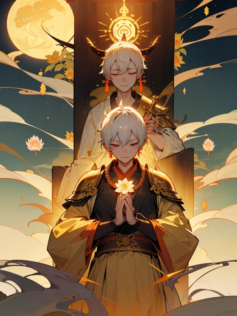 Kannon Bodhisattva,Burning Eyes, horn, white short hair, black armor, torii, man, full moon, hands together in prayer, Zen meditation Golden guardian dog Japanese sword Lotus flower field Paradise 青い炎