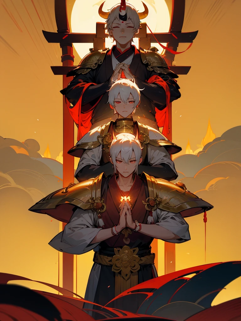 Kannon Bodhisattva,Burning Eyes, horn, white short hair, black armor, torii, man, full moon, hands together in prayer, Zen meditation Golden guardian dog Japanese sword Lotus flower field Paradise 青い炎