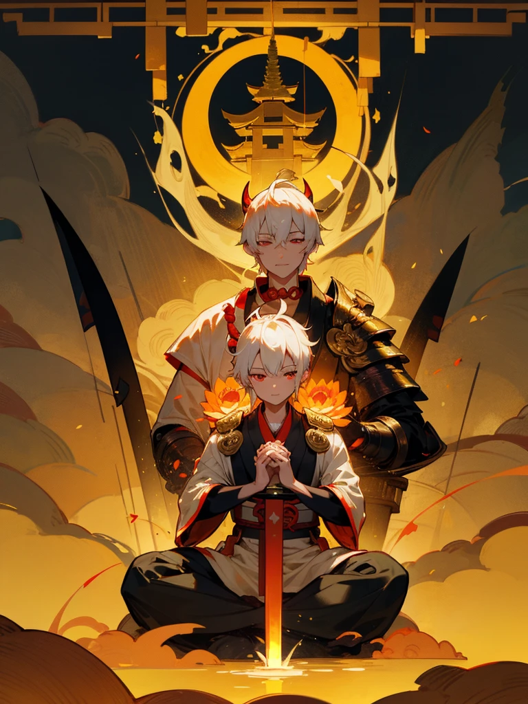 Kannon Bodhisattva,Burning Eyes, horn, white short hair, black armor, torii, man, full moon, hands together in prayer, Zen meditation Golden guardian dog Japanese sword Lotus flower field Paradise 青い炎