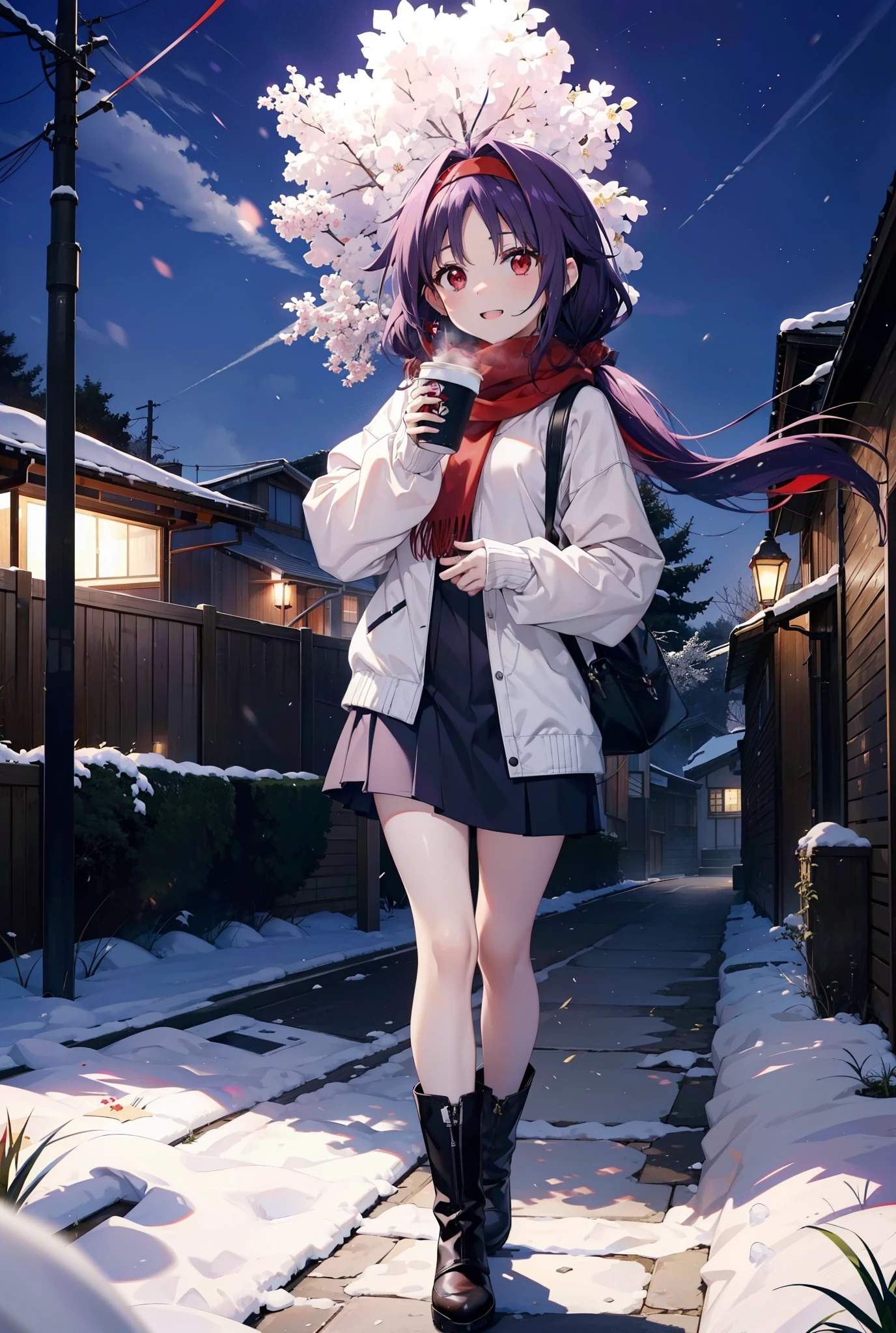 yuukikonno, Konno Yuuki, Long Hair, Pointed Ears, Purple Hair, (Red eyes:1.5), (Small breasts:1.2), Open your mouth,happy smile, smile, Open your mouth,hair band,low twin tail,Red Scarf,Oversized purple hoodie,Long skirt,short boots,Holding a paper cup of coffee in both hands,Walking,snowが降っている,snowが降り積もっている,snow,snow,snow,snow,snowが積もった木,winter,Cold Sky,night,whole bodyがイラストに入るように,
break looking at viewer, whole body,
break outdoors, garden,
break (masterpiece:1.2), Highest quality, High resolution, unity 8k wallpaper, (figure:0.8), (Beautiful attention to detail:1.6), Highly detailed face, Perfect lighting, Highly detailed CG, (Perfect hands, Perfect Anatomy),