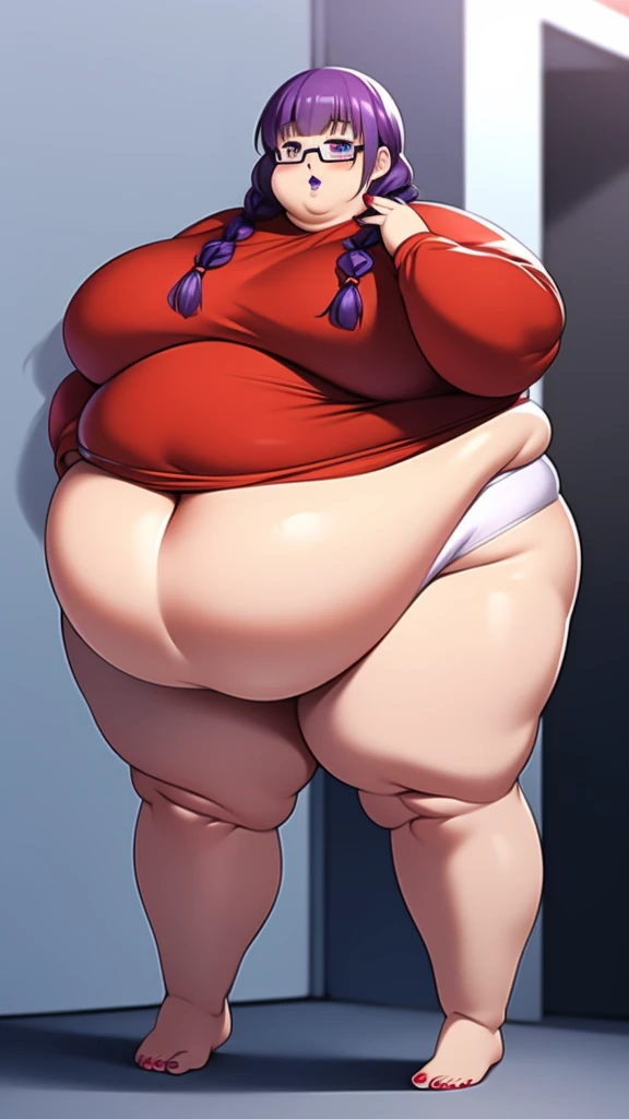 Anime Women, Adult female、Detailed face、amount、amount、Braided Pigtails、Purple Hair、Long Hair、Glasses、Sharp eyes、Thick lips、Purple Lipstick、Painted lips、Very fat、Chubby、obesity、obesity body、Double chin、Cheek、Thick neck、Big Breasts、Saggy breasts、Thick upper arms、Thick arms、thick fingers、Fat belly、Flabby belly、Flabby belly fat、Thick legs、BIG ASS、Brown bodysuit、Full body tights、Standing with your legs apart and bare feet with red nail polish 